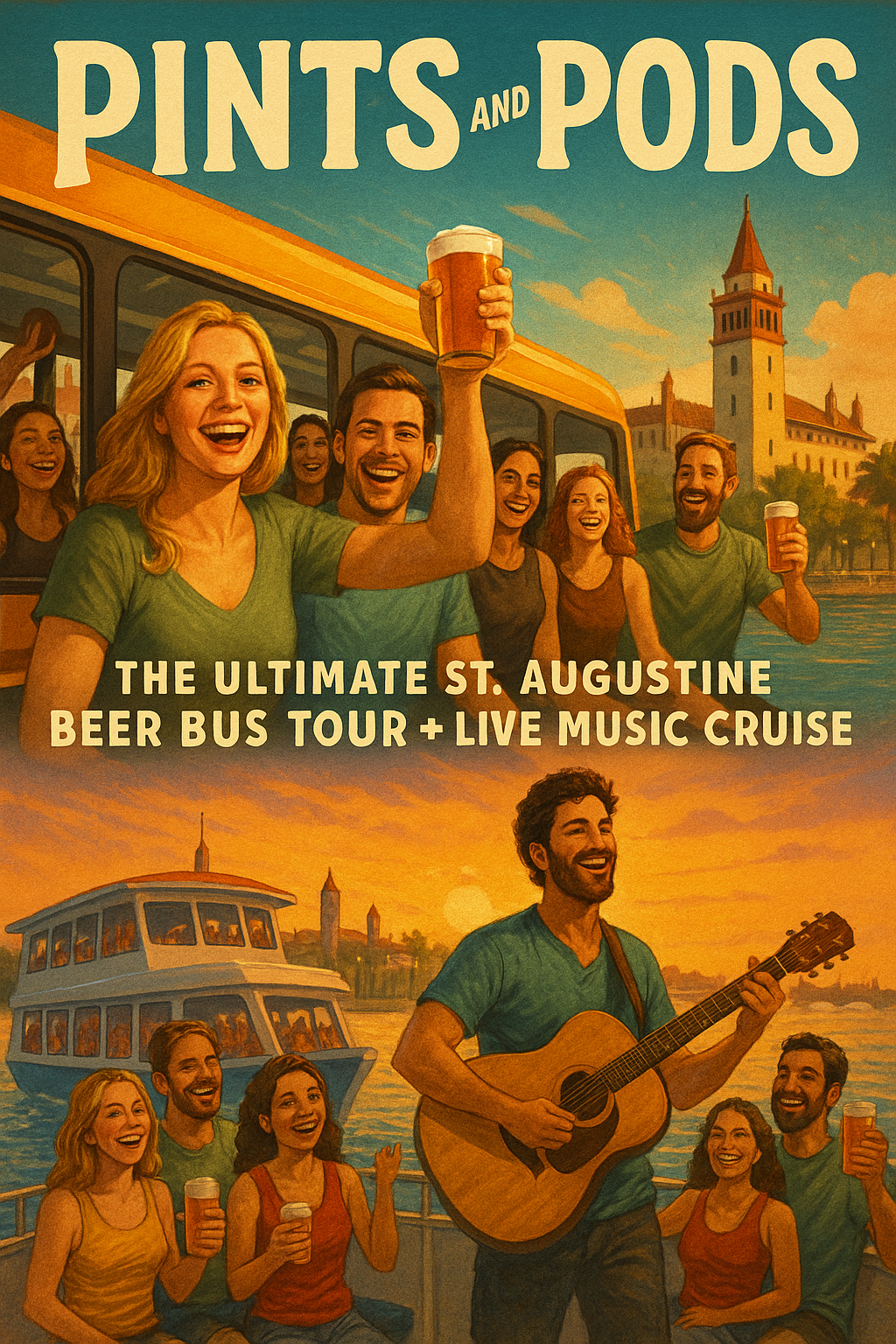 Friends enjoying beer bus tour and live music cruise in St. Augustine