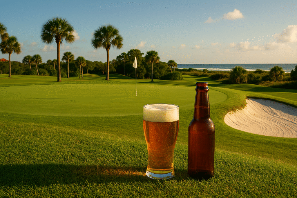 Sunset view of a St. Augustine golf course with a pint of craft beer and bottle near the putting green, palm trees and ocean in the background